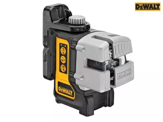 The DeWalt DW089K 3 Way Red Self-Levelling Multi Line Laser features a black and yellow body, silver front, side control buttons, and the DeWalt logo—ideal for precise self-levelling tasks.