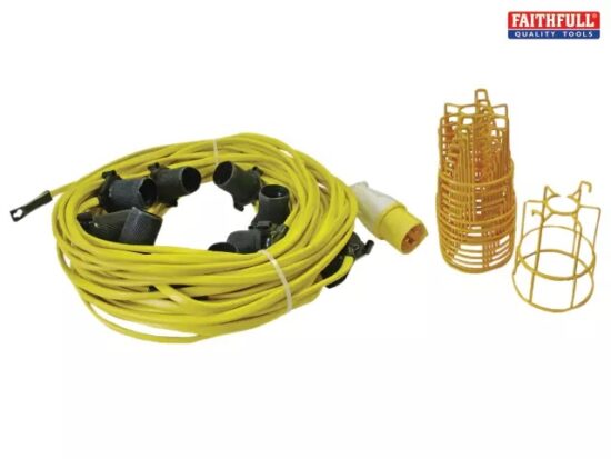 A Faithfull Festoon Lights 10 ES Bulbs 110V 22m extension cable in yellow, with black lamp holders, yellow bulb cages, and a white plug. The Faithfull logo is in the top right corner.