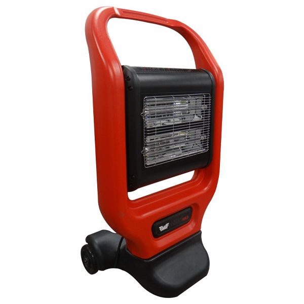 The Red Red Radiant Heater is a portable, upright heater with a large handle, metal grill over the heating element, and base wheels.