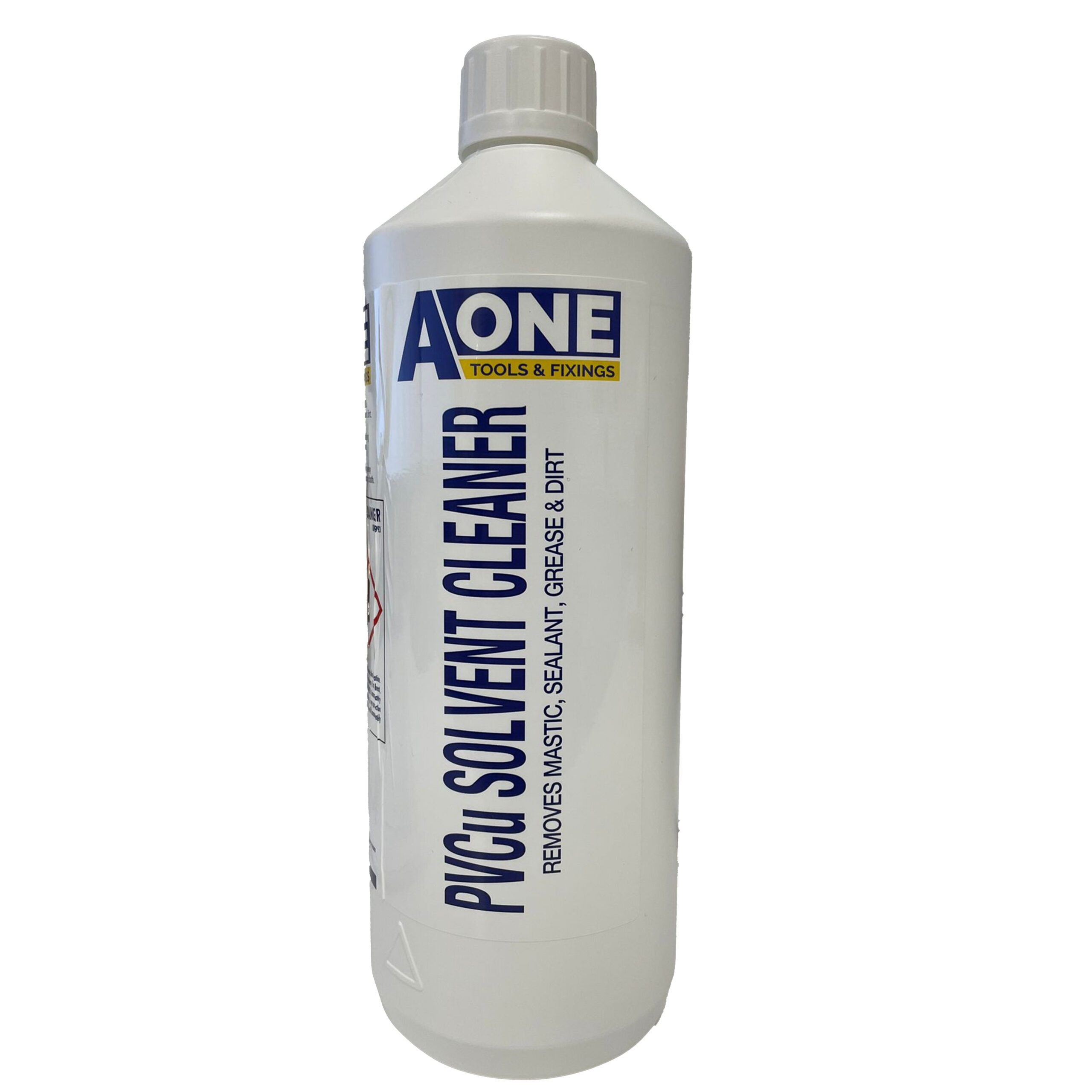 A white 1L bottle with a white cap and blue and yellow branding, labelled A-One Tools & Fixings UPVC Solvent Cleaner for fixings.