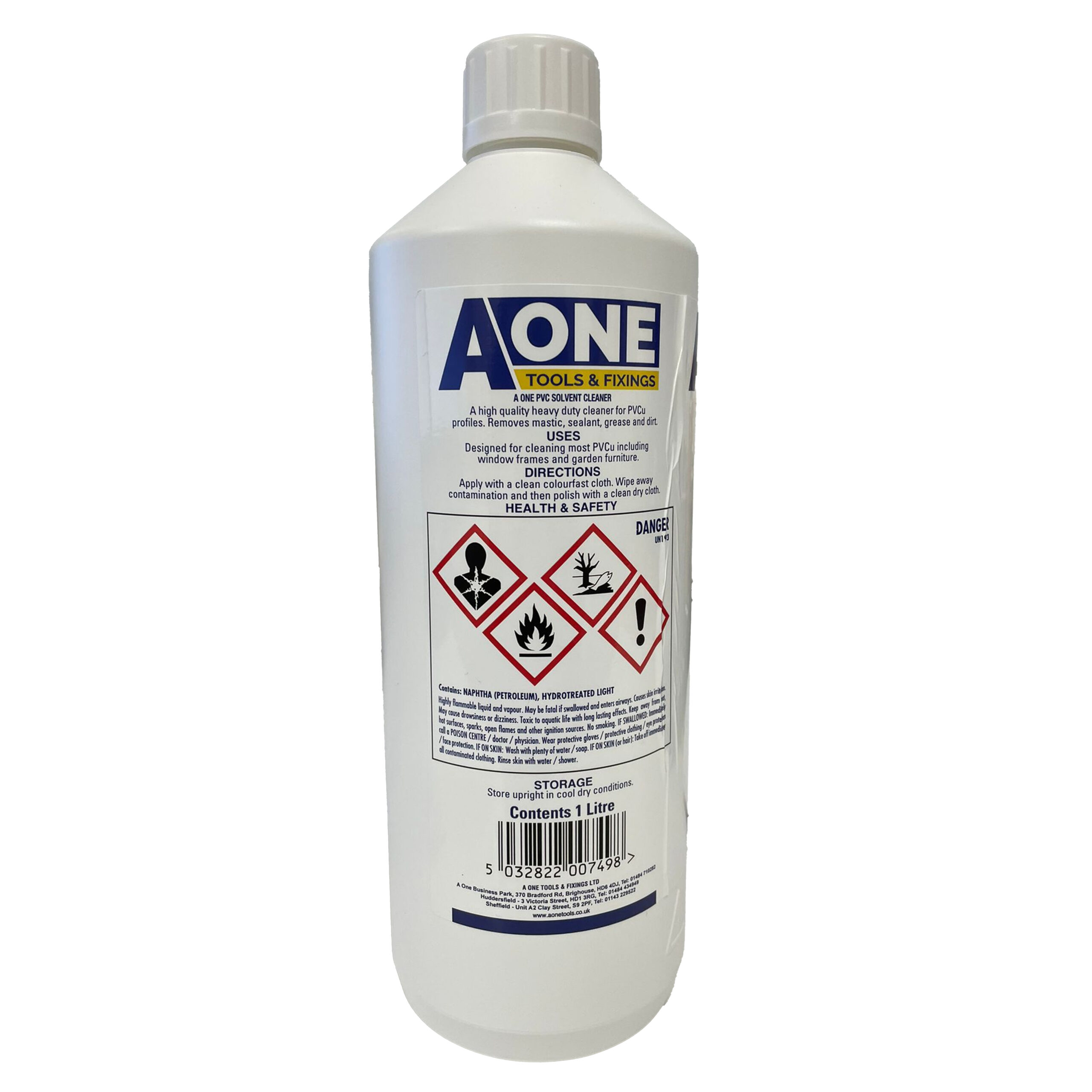 A 1-liter white bottle of A-One Tools & Fixings UPVC Solvent Cleaner displays hazard symbols and safety warnings on the label.