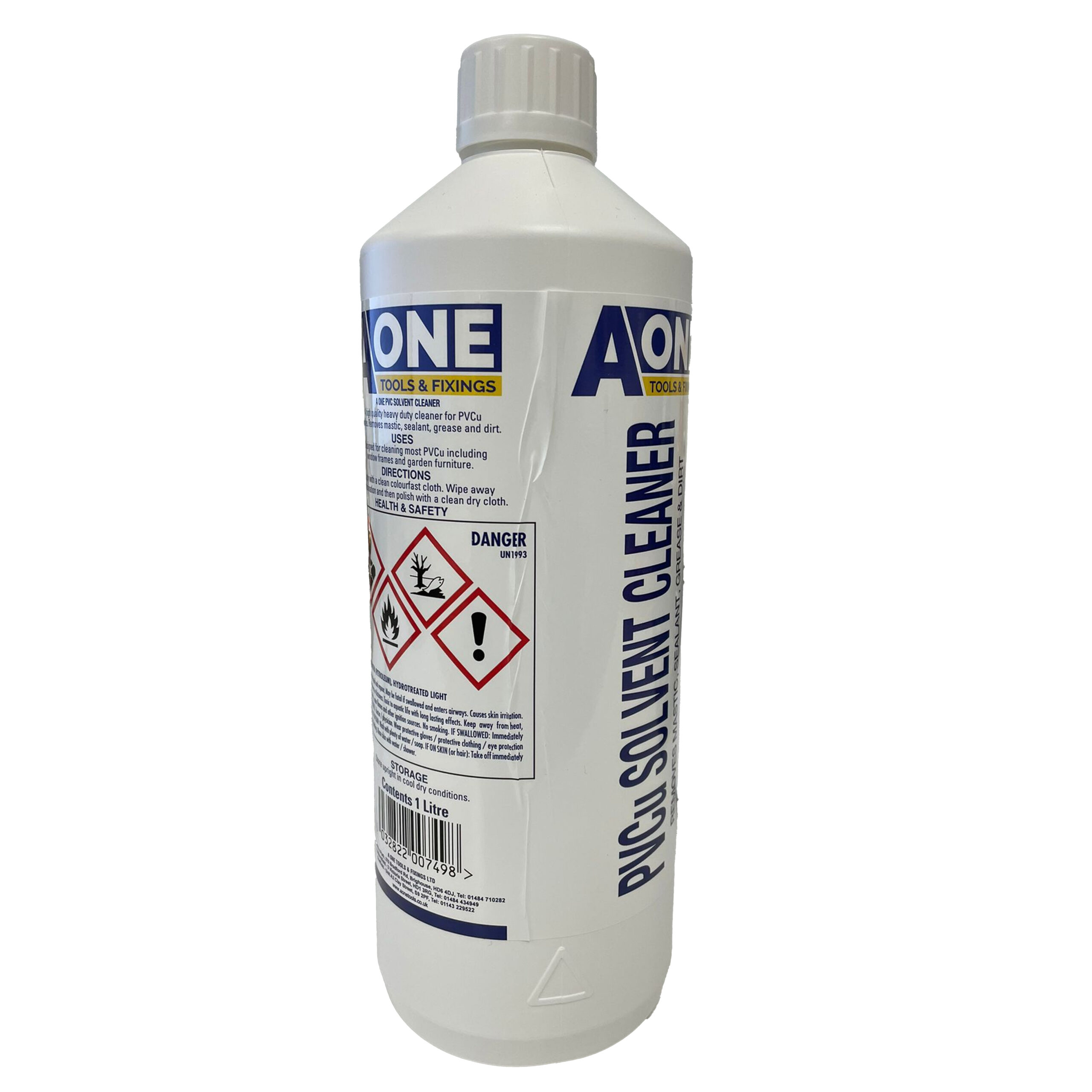A white 1L bottle of A-One Tools & Fixings UPVC Solvent Cleaner with hazard symbols, warning labels, and grey cap.
