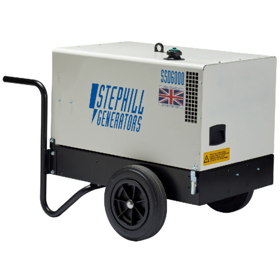 The Stephill SE2700 Honda GX160 2.7kva/2.2kw petrol generator features a white casing, black wheels, easy-carry handle, and a British flag sticker on the side.