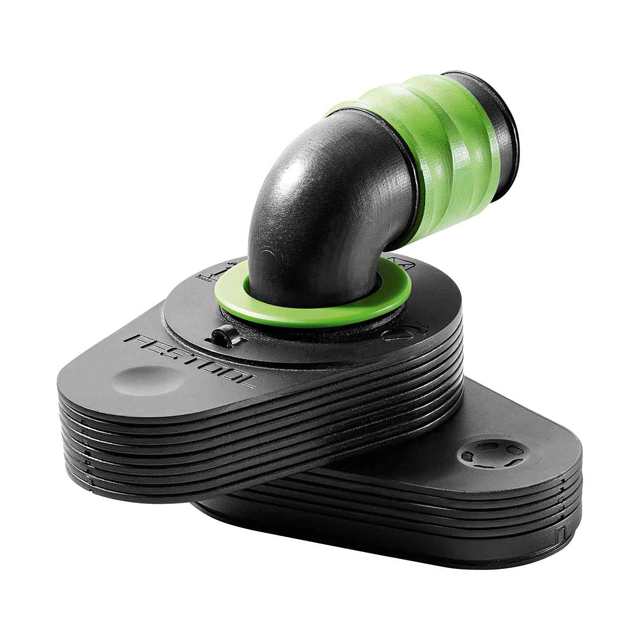 The Festool 500312 Vacuum clamping nozzle CT-W, a black and green plastic elbow connector with a ribbed base, is designed for use with CT mobile dust extractors and D 27 suction hoses. It is shown on a white background.