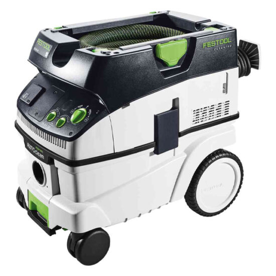 The Festool 574944 CLEANTEC CTL 26 E AC 230V mobile dust extractor features a white and black design with green accents, large rear wheels, small front casters, top hose storage, and front control knobs.