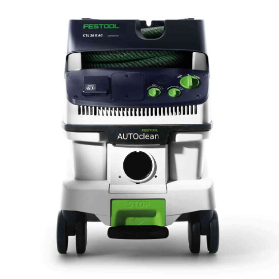 The Festool 574944 Mobile Dust Extractor CLEANTEC CTL 26 E AC 230V features black, green, and white accents, large wheels, and front control knobs for efficient dust collection.