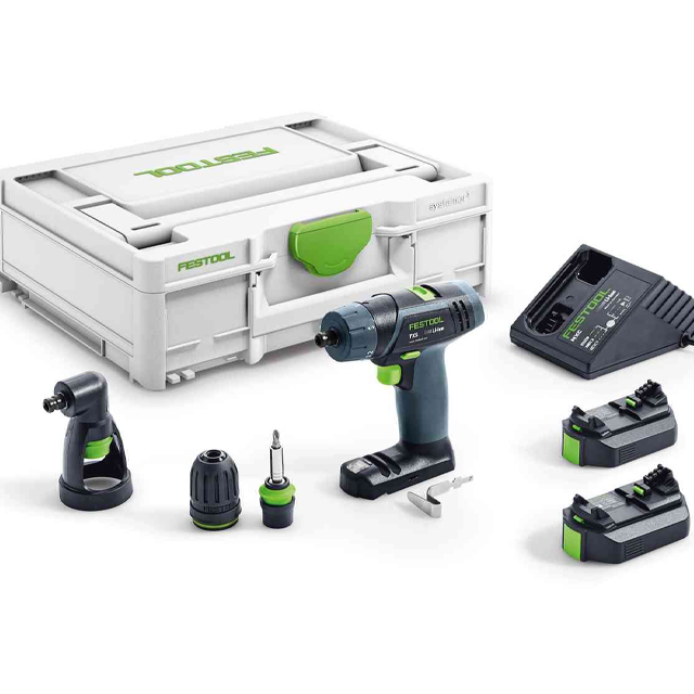 The Festool 576103 Cordless Drill TXS 2,6-Set features a drill, two batteries, charger, three attachments, bit, and a white/green carrying case arranged on a white background.