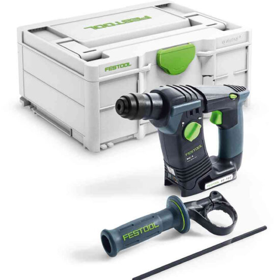 A Festool 577230 Cordless Hammer Drill BHC 18-Basic with a detachable handle, guide rod, and accessory ring is shown in front of its white and green storage case.