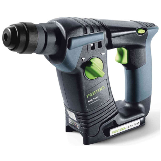 A black and green Festool 577230 Cordless Hammer Drill BHC 18-Basic features a side handle, mode selector dial, and visible branding on the body.
