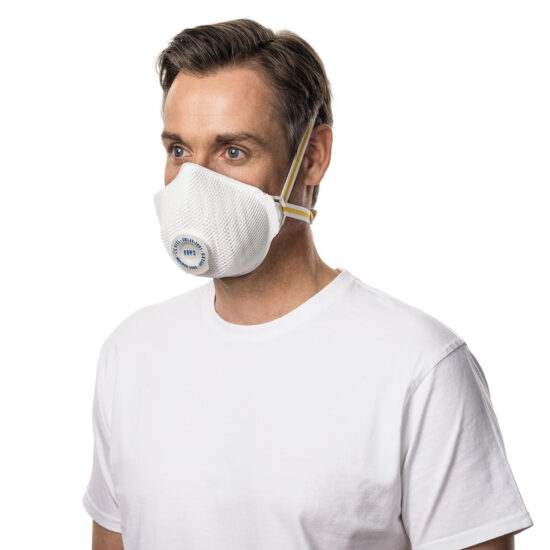 A man in a white T-shirt wears a Moldex 3405 Respiratory AIR Plus FFP3 R D Valved mask (Pack of 5) with yellow straps, standing against a plain white background.