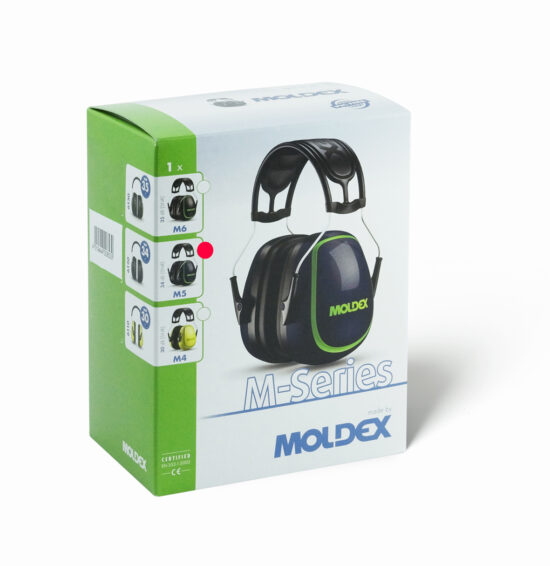 A box of Moldex 6120 Hearing Moldex M-Series M5 Earmuff SNR 34, displaying the black and green earmuffs, product details, and the Moldex logo on the front and side.
