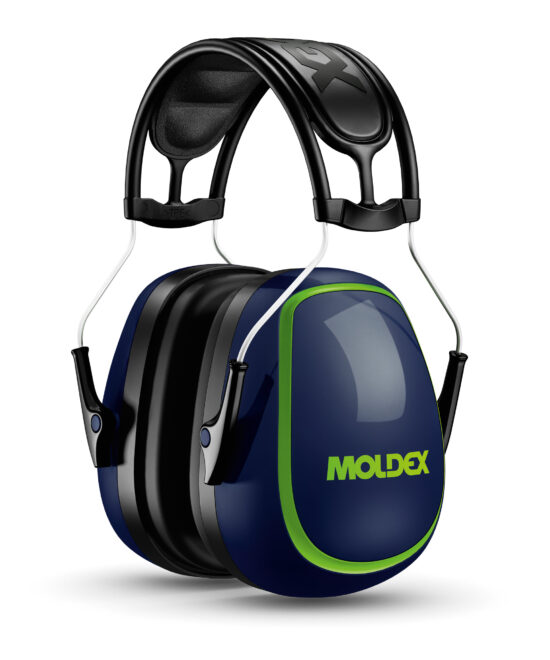 A pair of Moldex 6120 Hearing Moldex M-Series M5 Earmuff SNR 34 in blue and black with padded headband, green ear cup accents, over-ear design, and high hearing protection.