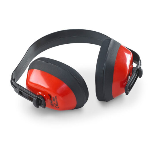 BeeSwift B-Brand Ear Defenders SNR 27: red and black ear defenders with an adjustable black headband, designed for hearing protection.