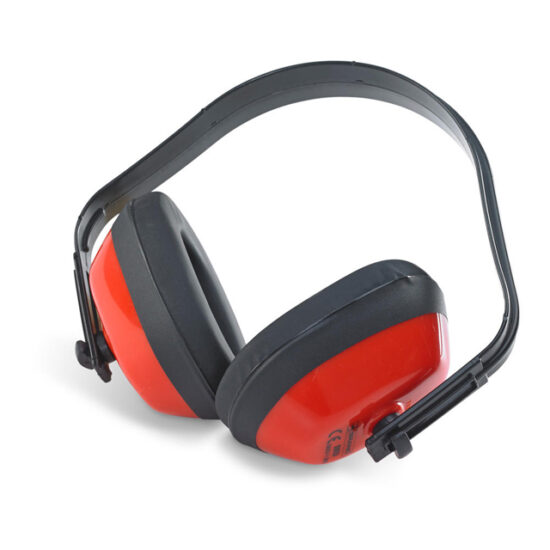 BeeSwift B-Brand Ear Defenders SNR 27 in red and black, over-ear design with adjustable black headband for hearing protection. Shown on a white background.