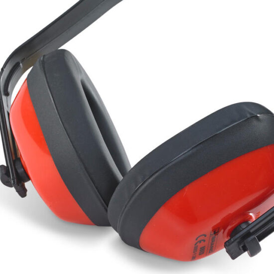 The BeeSwift B-Brand Ear Defenders SNR 27 are red and black over-ear defenders with a black adjustable headband, designed for hearing protection.