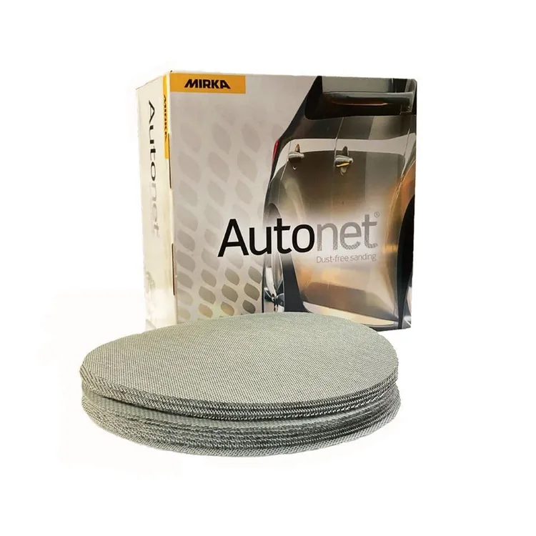 A stack of Mirka Autonet® 150mm Grip Sanding Discs, Pack Of 50, is placed in front of a branded box with a car image.