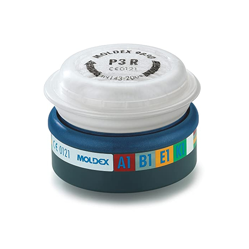 The Moldex 9430 Respiratory ABEK1 P3 R Combined Filter protects against hazardous gases and particulates with color codes for ID.
