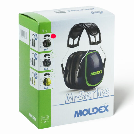 Box of Moldex 613001 M6 M-Series Black Earmuffs, featuring an image of the earmuff on the front. The green, white, and blue box also displays images of other models (M5 and M4) on the side.