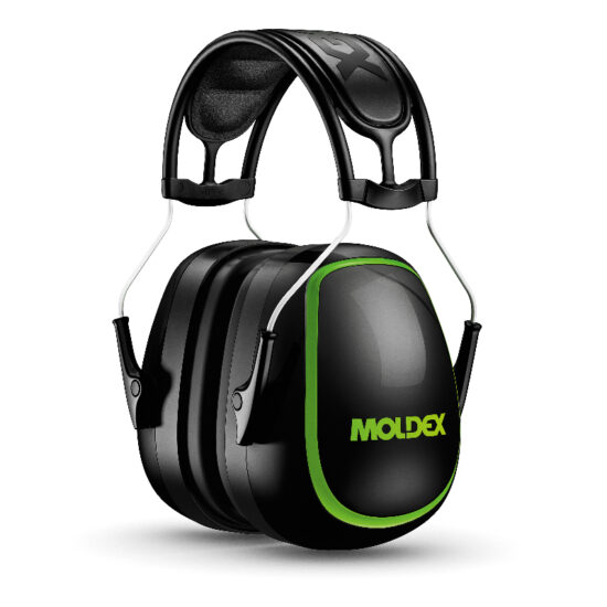 The Moldex 613001 M6 M-Series Black Earmuffs feature a padded headband, adjustable metal arms, and display the Moldex logo on the earcup, offering effective hearing protection.