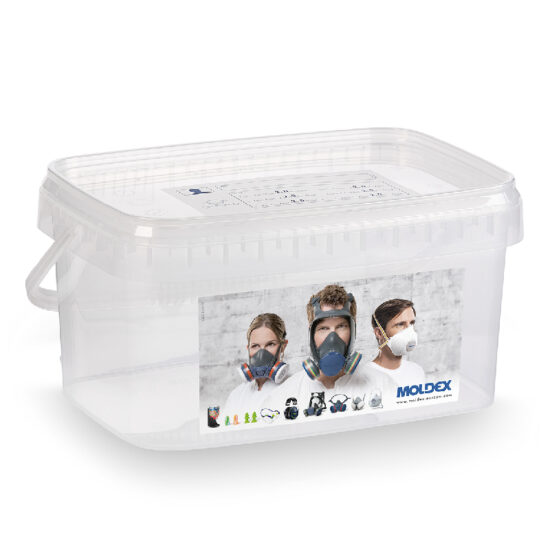 The Moldex 799501 Cleaning and Storage Box is a clear plastic container with a handle. Its label features the Moldex logo, model number, mask icons, and three people wearing various protective face masks and respirators.