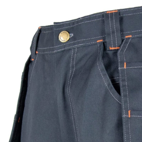 Close-up of Unbreakable U230 Kestrel Holster Black Shorts with orange stitching, metal waistband button, belt loops, and side pocket detail—crafted for lasting durability.