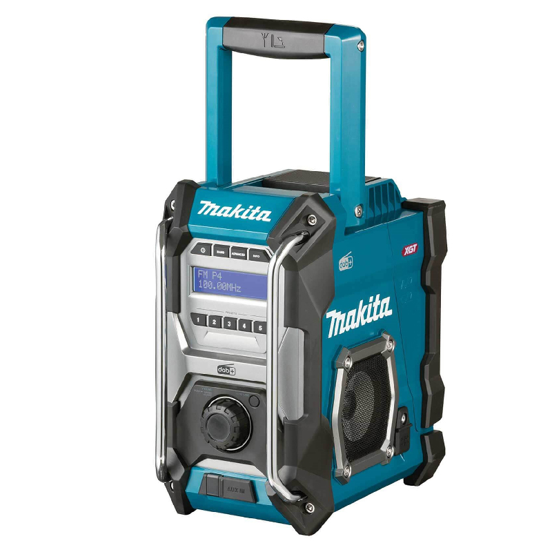 The Makita MR003GZ DAB/DAB+ Job Site Radio, Bare Unit, features a digital display, buttons, large volume knob, side speaker grille, and a durable top carrying handle in blue and black.