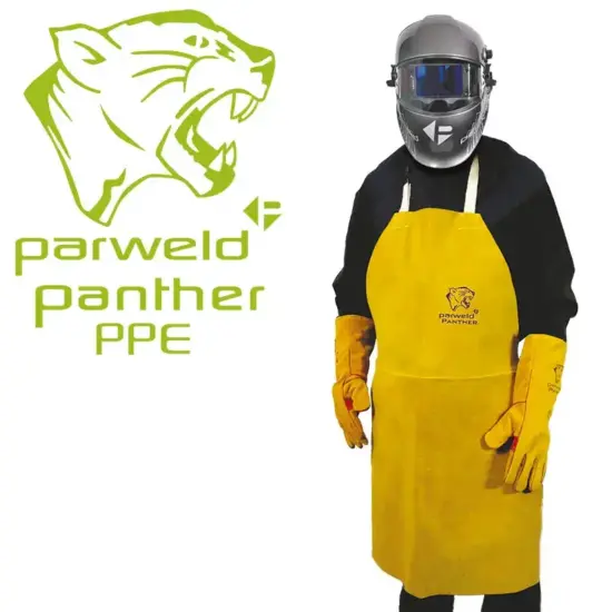 A person wearing yellow protective gloves, a silver helmet, and a Parweld P3725 Panther Apron C/W Buckle & Ties stands beside a green PPE logo with a roaring panther.