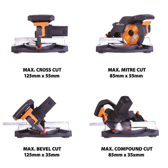 Evolution R210CMS+ 210mm 1200w Compound Mitre Saw With TCT Multi-Material Cutting Blade, 240v - Image 3