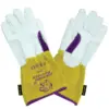 The Parweld P3838 Panther Fingertip Sensitivity TIG Gloves feature white leather fingers for precision, purple trim, yellow suede cuffs with a pawted panther design, and an illustrated panther head. Shown palm up and palm down.