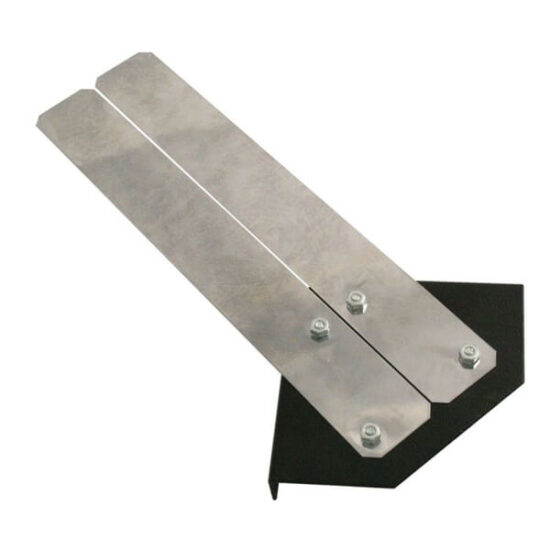 The Xpert Moon Knife is a metal stair tread gauge with two adjustable flat blades secured by bolts on a black angled base, designed for measuring and marking stair treads.