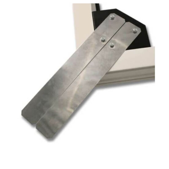 Two metal mending plates fastened with bolts connect the corners of two white and black rectangular frame sections, mirroring the precise alignment of the Xpert Moon Knife.