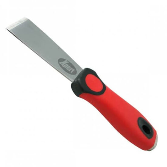 The Xpert Moon Knife has a wide, flat metal blade and an ergonomic red and black handle, making it ideal for woodworking or carving.