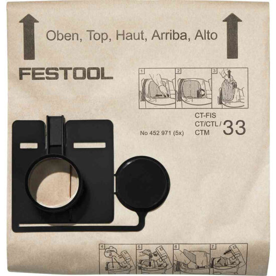 Festool vacuum filter bag with black plastic fitting. Installation instructions are pictured, and product code CT-FIS CT/CTL/CTM 33 is displayed.