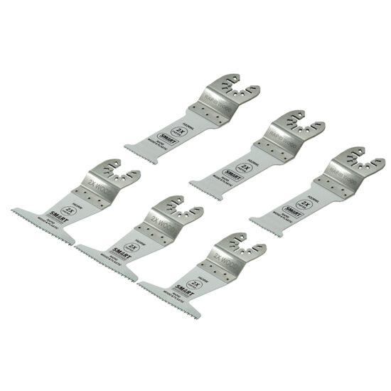 Six identical Smart HFSB 50mm Universal Flexible Scraper Blades are arranged in two rows of three on a white background, each labeled WOOD and SWIFTCUT, with jagged edges. They perfectly complement any Universal Scraper Blade set.