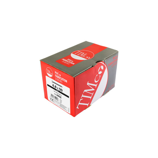 A red and gray box of Timco 290z (WSR) 4.8 x 50z Baypole Wafer Head Self Drilling Point screws shows product details, a white label with specifications and certifications, and the Timco branding.