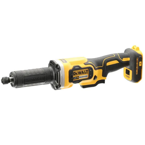 A yellow and black cordless DEWALT die grinder with a rubberized grip, labeled “20V MAX XR,” shown on a white background.