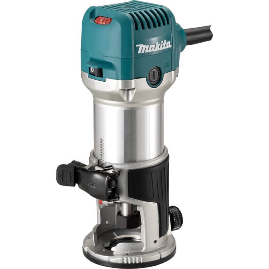 The Makita RT0702CX4/2 3/8 & 1/4 Router Trimmer offers 710w 240v power, ideal for woodworking and carpentry. It features a durable design with a high-precision base for accurate trimming.