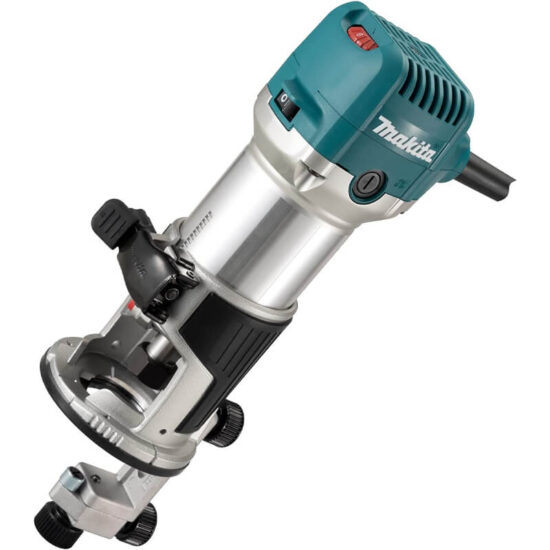 A close-up of the Makita RT0702CX4/2 3/8 & 1/4 Router Trimmer 710w 240v, highlighting its power cord, on/off switch, adjustment knobs, and base for precise woodworking.
