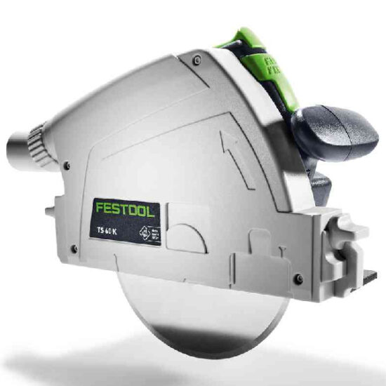 A Festool TS 60 K circular saw with a silver body, black handle, and green accents is displayed next to a Festool 498385 Wall Clock on a white background. The saws blade can be seen partially at the bottom of the tool.
