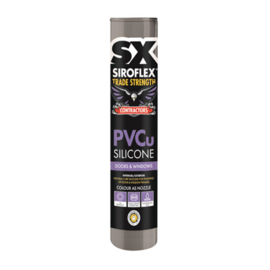 A tube of Siroflex LMN PVCU Neutral Cure Silicone - Black, for doors and windows, with black, white, and purple labeling displaying product info and a gold contractor emblem on the packaging.