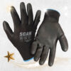 A pair of black Scan protective gloves with blue trim, displayed against a white textured background with a gold star and a swirl of light.