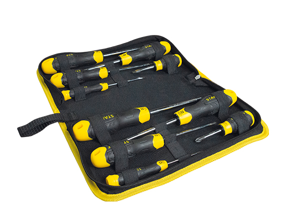 A black and yellow zippered case containing a set of screwdrivers with black handles and yellow ends, neatly arranged in elastic loops inside the case.
