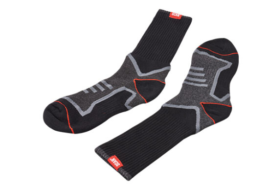A pair of black and dark gray athletic socks with red and gray accents, featuring ribbed cuffs and geometric patterns along the sides and tops.