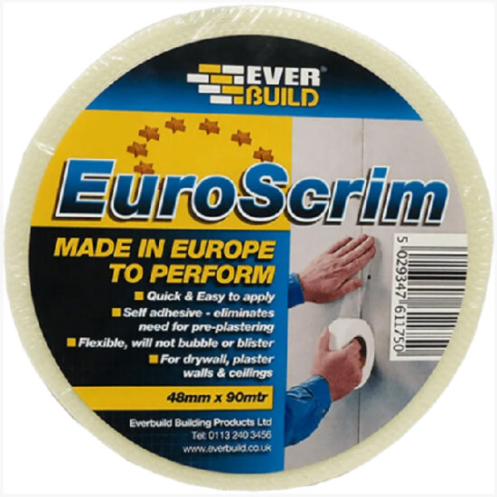 A roll of Everbuild EuroScrim self-adhesive tape, labeled for use on drywall, plaster walls, and ceilings. The packaging highlights features like easy application, flexibility, and a blister-free finish.