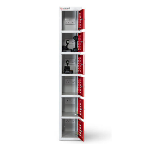 Armorgard Powerstation PWS6 6-Door Battery Charging Unit (300 x 450 x 1800) with red perforated doors features compartments for storing electronics like cameras and chargers, each equipped with internal power outlets for easy charging.