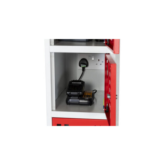 A close-up of an open red locker shows electronic devices plugged into the Armorgard Powerstation PWS6 6-Door Battery Charging Unit (300 x 450 x 1800) inside.