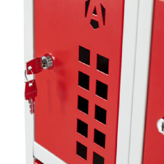 A close-up of an Armorgard Powerstation PWS6 6-Door Battery Charging Unit door shows a key in the lock, spare keys on the ring, square ventilation holes, and an A-shaped cutout. The door is red with a white frame and designed for secure battery charging.