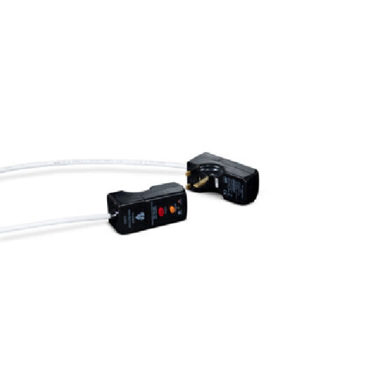 Two black plugs with white cords are connected together, resembling the Armorgard Powerstation PWS6 6-Door Battery Charging Unit (300 x 450 x 1800), each with indicator lights and buttons, isolated on a white background.