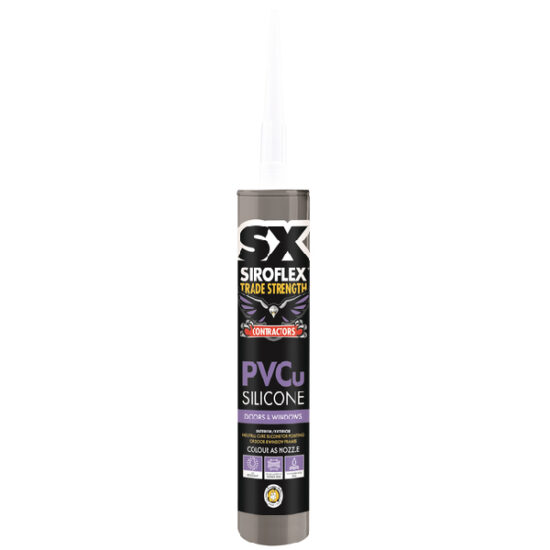 A tube of Siroflex LMN PVCU Neutral Cure Silicone - Black, ideal for doors and windows, includes a pointed nozzle for easy application. The packaging features black, white, and purple colors.