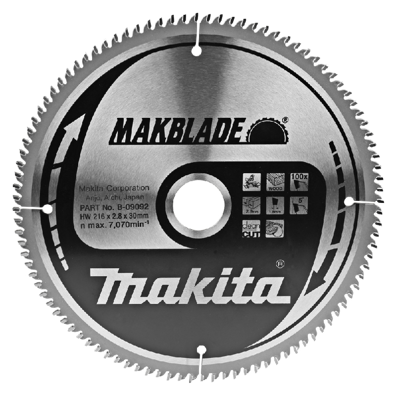 The Makita B-32867 (B-09092) Makblade T.C.T circular saw blade, 216 x 30 mm with 100 teeth, features product information, specifications, and safety icons on its metallic surface.